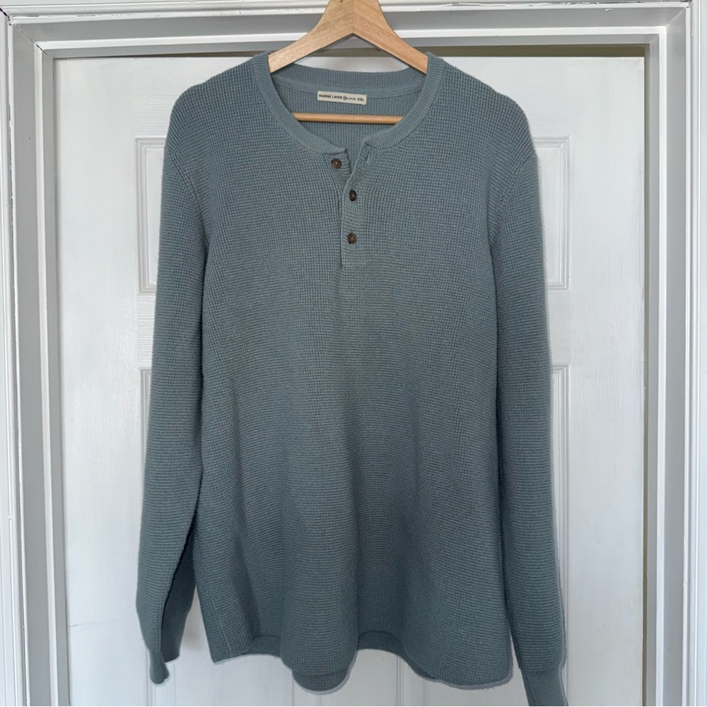 Marine Layer Teal Henley Sweater XXL Re-Spun Organic Cotton Knit Raglan Button - Picture 4 of 9